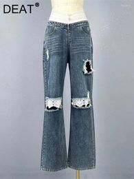 Jeans pour femmes vintage Fashion Broken Hole épissé dentelle droite 2024 Pantalon de taille haute tendance