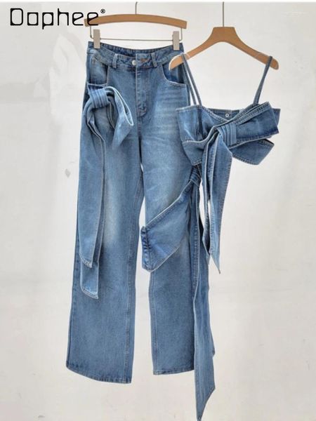 Jeans femeninos moda vintage de piernas anchas 2024 chicas retro de primavera tridimensional chaleco superior de chaleco high street