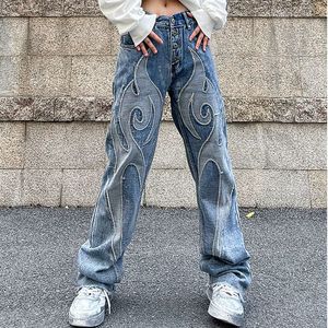 Women's Jeans Vintage Flame Embroidered High Rise Jeans Women's Washed Old Loose Fit Jeans Women's Y2K Jeans Casual Pants Loose Fit Jean 230412