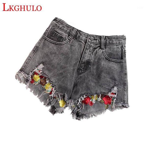 Jeans para mujer Vintage Floral Bordado Shorts Mujeres Rose Flor Bordado Elástico Alto Talle Denim Azul Corto Femenino A4681