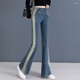 Jeans pour femmes vintage gradient bleu mince flare haute taille femmes printemps automne pantalon complet poche polyvalente pantalon décontracté simple a38