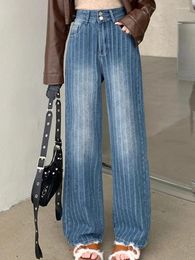 Jean Vintage taille haute pour femmes, pantalon en Denim Jacquard rayé à Double bouton, jambes amples, vêtements à la mode d'automne 2023