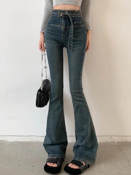 Jean femme Vintage taille haute élastique Denim garniture déchiquetée pantalon évasé 2023 automne mode vêtements