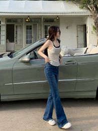 Jeans pour femmes Vintage taille haute couleur pure femme lavé mince léger stretch bleu foncé coton denim pantalon évasé décontracté