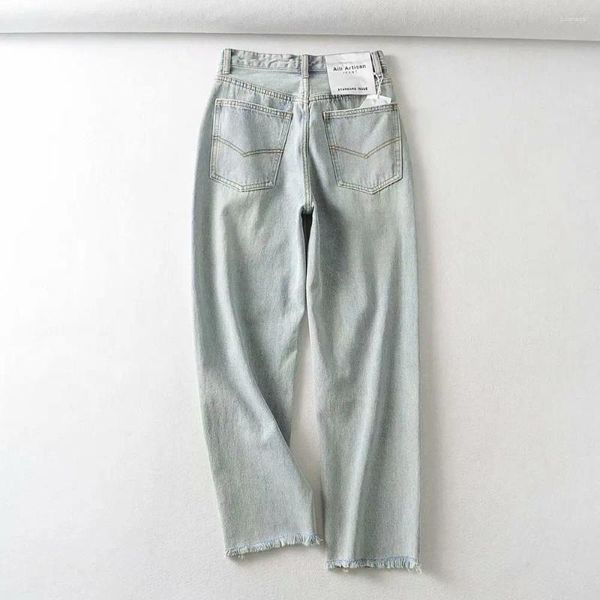 Jeans pour femmes vintage trou bleu clair bouton de taille en pente