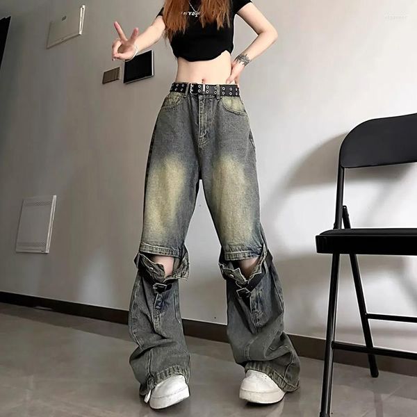 Jeans pour femmes Vintage évider déchiré Y2k Baggy femmes style américain streetwear cool pantalon fille taille haute denim pantalon