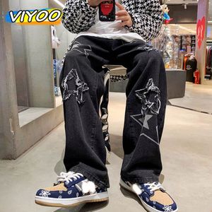Jeans pour femmes Vintage hommes pantalons en denim coréen Y2K Cltohes Streetwear imprimé Patchwork mâle Baggy pantalon droit pour hommes 230920