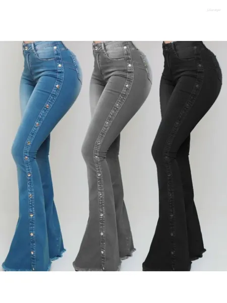 Jeans para mujeres Vintage Mid-Mid Stretch Breaking Women Mujeres Denimes de mezclilla ancha de pierna tope Corea Campana delgada de bolsillo de bolsillo inferior