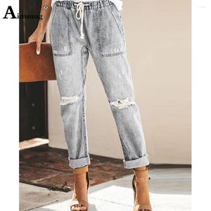 Jeans pour femmes vintage crant à la taille élastique à haute coupe