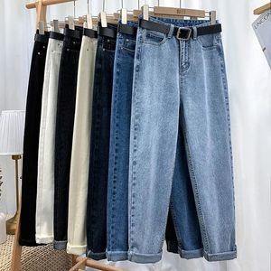 Dames jeans vintage rechte high taille jeans vrouwen vriendje mom street denim jeans met riem losse plus size jeans mujer retro ys9862 230225