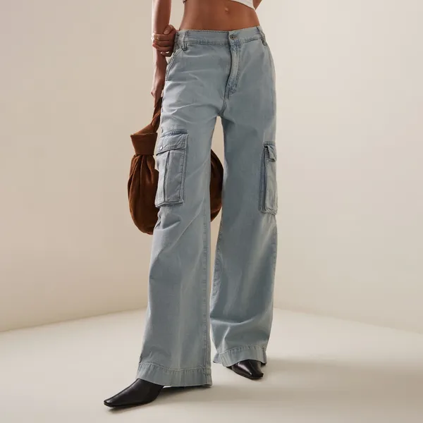 Jean femme Vintage pantalon droit décontracté bleu ciel Baggy jambe large pantalon en jean avec plusieurs poches Streetwear
