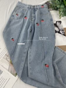 Jeans pour femmes Vintage fraise broderie femmes mode coréenne Streetwear lâche jambe large Denim pantalon décontracté Baggy Harajuku pantalon 230715
