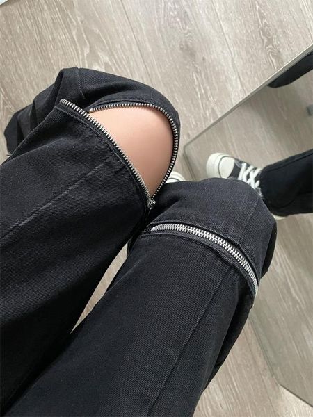 Jeans femme Vintage Streetwear fermeture éclair déchiré pour femmes droite ample jambe large taille haute Antalones De Mujer Cintura Alta