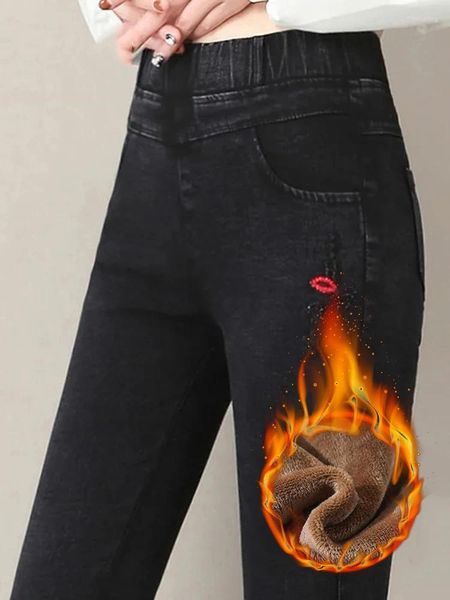 Jeans pour femmes Vintage Vaqueros épais chaud élastique taille haute crayon femmes hiver peluche décontracté ajouter velours maigre denim pantalon jean capris