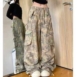 Dames jeans vintage gewassen vrachtcamouflage jeans voor vrouwen American Street Wasteland Style trendy rechte broek Baggy Body Wide Leg PantsL2403