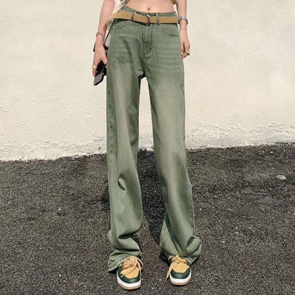 Jeans femme Vintage délavé vert taille haute femmes étoiles mode américaine Streetwear jambe Jean femme pantalon droit Baggy Denim pantalon