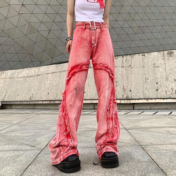 Jeans pour femmes Vintage lavé bord brut mode taille haute pantalon décontracté jambe large femmes Y2k Streetwear Baggy pantalon rose