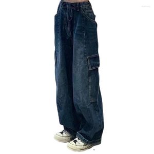 Jeans femme Vintage jambe large Cargo bleu foncé ample taille haute droite Streetwear pantalon Denim pantalon Y2k Baggy