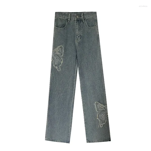 Jeans para mujeres Mujeres vintage Blue Denim Pantalería Patrón de mariposa deshilachada Femenina hembra hembra versátiles Versátiles de casas informales pantalones