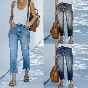 Jeans féminins vintage femmes mode hip hop trous cassés cordon denim crayon déchiré cowboy large pantalon