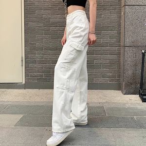 Damesjeans Vintage Women Fashion White Blue High Taille Casual Jeans Losse OMighty Wide Leg Pocket Ladingsbroek Solid overalls Trouser 230413