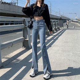 Jeans Femme Vintage Femme Ourlet Devant Fente Élasticité Simple All-match Slim Étudiants Boot Cut Denim Quotidien Loisirs Style Coréen Tendance