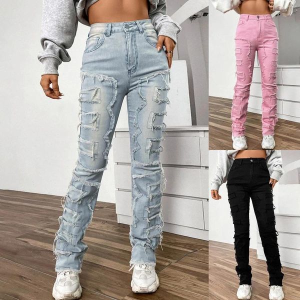 Jeans pour femmes Vintage Y2k Taille haute Stretch Patch Denim Empilé Jambe droite Pantalon brodé Baggy pour les femmes