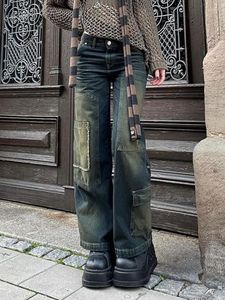 Jeans pour femmes Vintage Y2k poche cousue taille basse Street Style Cargo pantalon décontracté Baggy droit Harajuku femmes vêtements Grunge pantalon