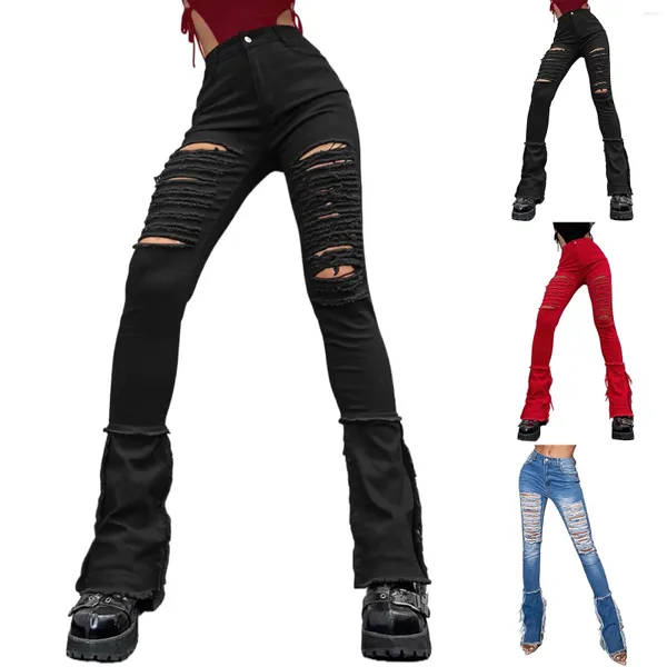 Jean femme taille boutonnée déchiré gland couleur unie relativité Leggings Jean pantalon pour femmes grand Denim tricot