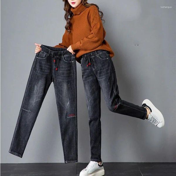 Vaqueros de mujer Vaqueros cálidos Vaqueros de cintura alta Mujer Jeansy Baggy Espesar Oversize80kg Pantalones de mezclilla Invierno Felpa forrada Longitud del tobillo Harem Jean