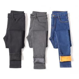 Jeans pour femmes chaud hiver taille Slim femmes avancé Stretch coton Denim pantalon épais polaire étudiant pantalon bleu noir gris 230213