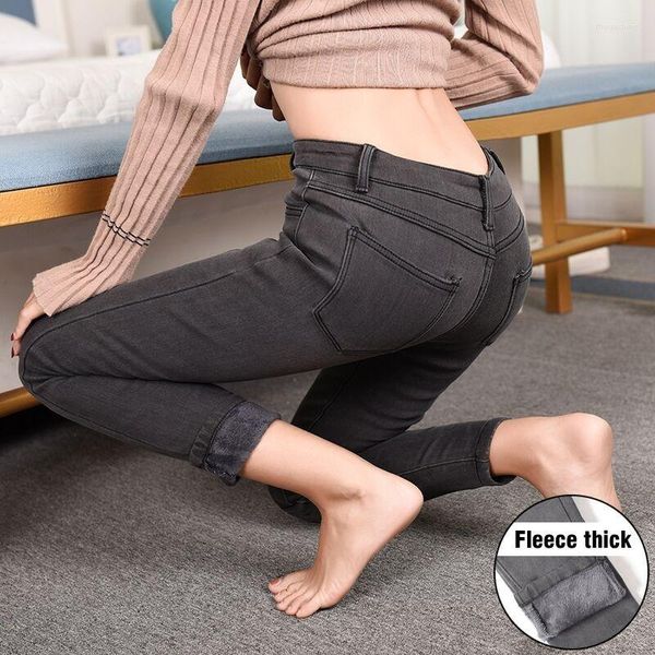 Jeans pour femmes Chaud Hiver Slim Femmes Advanced Stretch Coton Denim Pantalon Épais Polaire Pantalon Étudiant Bleu Noir Gris Taille 36 38 40