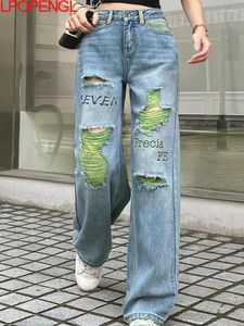 Pantalones de patas anchas rectas de jeans para mujeres Summer 2024 Bordado de cinta de bordado de cintura alta Tide de pantalones