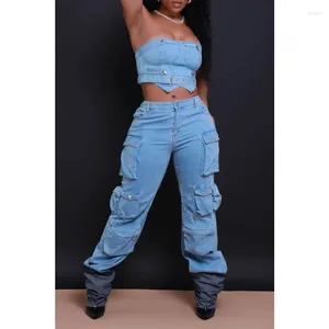 Jeans pour femmes lavés femmes cargo avec poches taille haute fermeture éclair pantalon en denim droit 2023 automne hiver streetwear capris