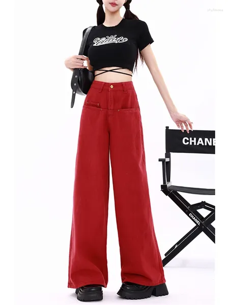 Jeans pour femmes WCFCX STUDIO Vêtements Rouge Vintage Casual Droite Auto-culture Pantalon à jambes larges Taille haute Baggy Denim Pantalon