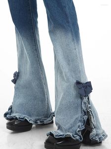 Damesjeans WCFCX Studio Gradient Slit Design Design Flare Pants Chic Trouser Leg Bow Tie Wood Ear Rimed High Taille