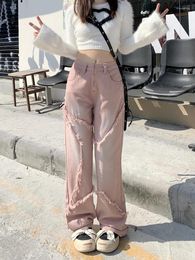 Jeans para mujer WCFCX STUDIO Harajuku Estilo dulce Cintura alta Pantalones de borlas rosadas sueltas 2024 Primavera Verano Y2K Pierna ancha Baggy Denim Pantalón