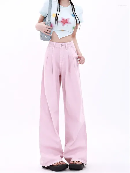 Jeans para mujer WCFCX STUDIO Pink Baggy Mujer Cintura alta Pierna ancha Pantalones de mezclilla Y2K Streetwear Diseño Vintage Pantalones vaqueros rectos