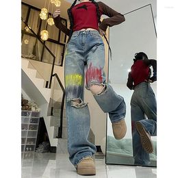 Jeans pour femmes WCFCX Studio déchiré pour femmes 2024 Mode Vintage Streetwear Taille haute Chic Trou Droite Pleine longueur Y2K