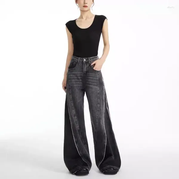 Jeans pour femmes WCFCX STUDIO Twill épissé jambe large Harajuku rétro Y2k pantalon en denim ample style punk pantalon baggy gothique 2023