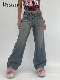 Jeans Femme Weekeep Baggy Denim maman jean femmes taille haute Vintage surdimensionné Cargo pantalon décontracté Streetwear Harajuku jambe droite jean Femme 230225