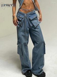 Weekeep-pantalones vaqueros elegantes con múltiples bolsillos para mujer, ropa de calle holgada de retazos Y2k, pantalones vaqueros Cargo de tiro bajo, estilo coreano Harajuku Mom