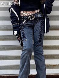 Jeans pour femmes Weekeep gothique jambe maigre femmes Style punk à lacets taille basse mode Denim crayon pantalon Y2k foncé esthétique pantalon décontracté 230224