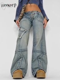 Jeans voor dames Weekeep Grunge Retro Baggy Y2k Streetwear Laagbouw Gestikte denim cargobroek met wijde pijpen Basic Mom Jean Casual Damesoutfits 231102
