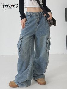 Jeans Femme Weekeep Y2k taille basse Baggy jean rétro Streetwear Denim Cargo pantalon ample pantalons décontractés Harajuku poche Patchwork femmes salopette 230215