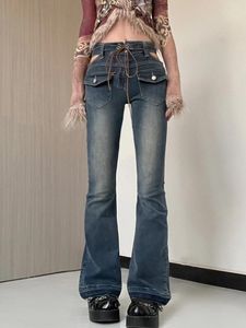 Jeans pour femmes WeiYao Chic Hollow Out Cargo Y2K Streetwear Skinny Lace Up Pocket Patchwork Denim Casual Capris Femmes Harajuku 90s