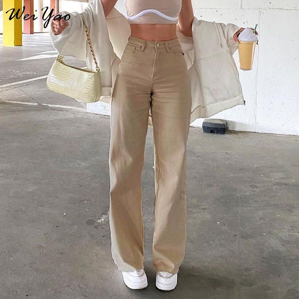 Jeans para mujer Weiyao Khaki Sólido Casual Mujeres 2023 Streetwear Pantalones de carga Estilo coreano Retro Cintura alta Pantalones de mezclilla rectos