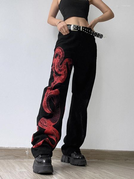 Jeans para mujer WeiYao Red Snake Print Pantalones de mezclilla Y2K Baggy Vintage Streetwear Gótico Oscuro Mujeres Recta Grunge Punk Style Bottoms