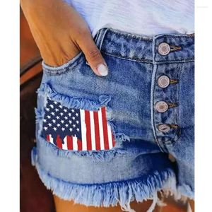 Damesjeans Wepbel Denim Shorts Vlag Print Dichtgeknoopt Halfhoge taille Zomer Korte patch Gerafelde zoom Rechte franje