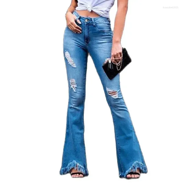 Jeans de mujer Western Sexy Ripped Flare Bell Bottom Pantalones de cintura alta Retro Wide Leg Denim Girl's Fashion Hole Washed